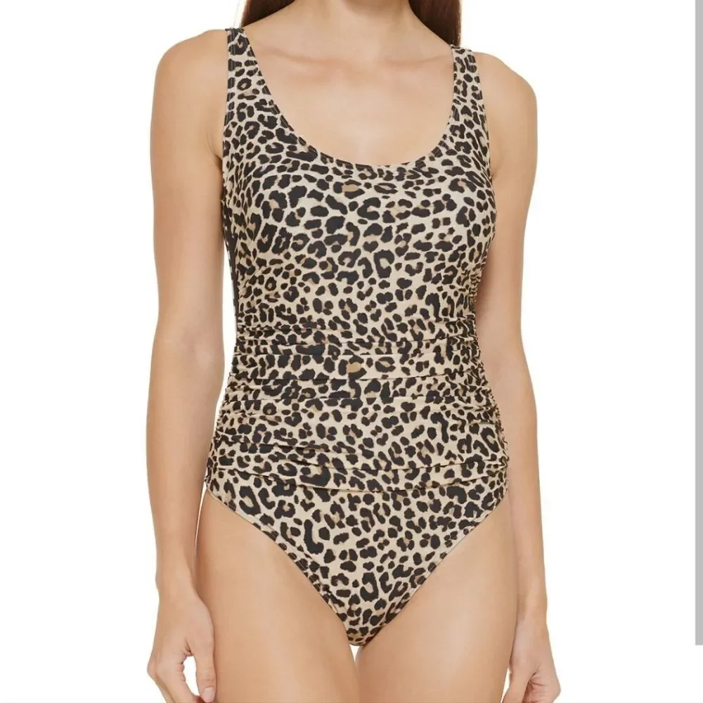 DKNY Women's Printed Leopard Scoop-Neck One-Piece Swimsuit Size 14 - Picture 3 of 16